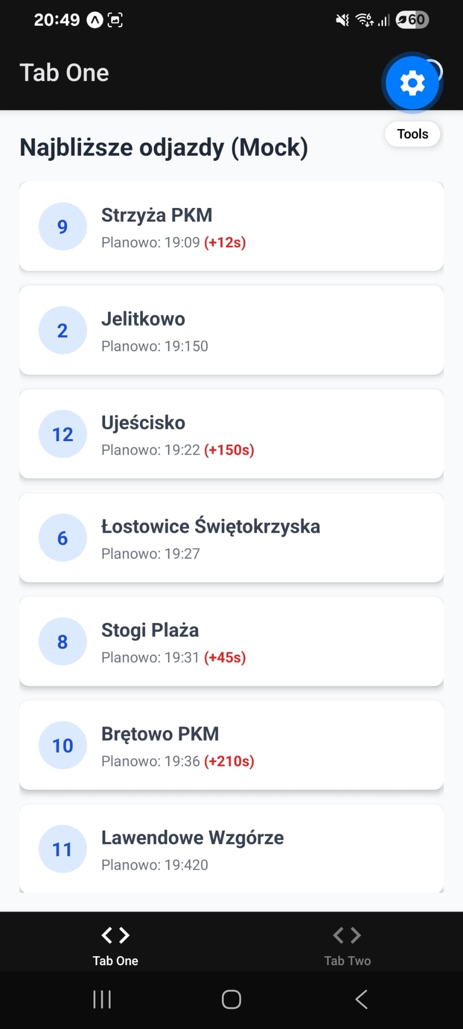 Widok poprawnie działającej karty reprezentującej pojedynczy odjazd autobusu
